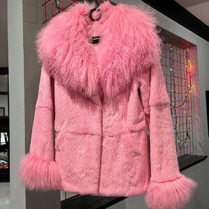 Damselle Pink Faux Fur Coat with Mongolian Collar and Cuffs Size Medium